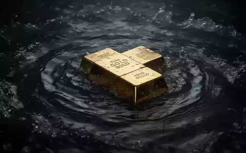 Ein Goldbarren, der teilweise in dunklem, turbulentem Wasser versunken ist, symbolisiert einen starken Wertverlust. - Foto: über boerse-global.de