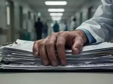 Eine Nahaufnahme der Hand eines medizinischen Fachpersonals, die erschöpft auf einem Stapel Patientenakten oder einem Schreibtisch ruht. - Foto: über boerse-global.de