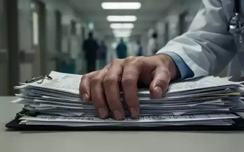 Eine Nahaufnahme der Hand eines medizinischen Fachpersonals, die erschöpft auf einem Stapel Patientenakten oder einem Schreibtisch ruht. - Foto: über boerse-global.de