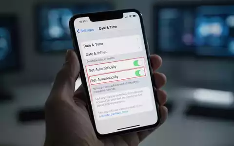 A hand holding an iPhone displaying the 'Date & Time' settings screen, with the 'Set Automatically' toggle highlighted. - Foto: über boerse-global.de