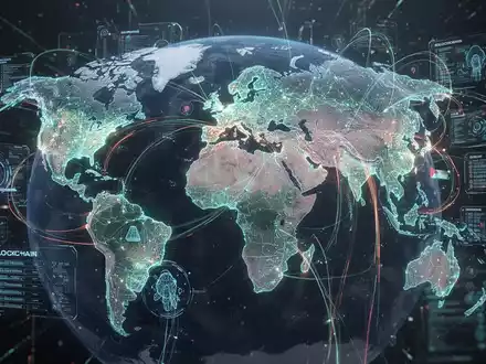 Abstract global network showing digital financial transactions and blockchain connections between continents, symbolizing digital banking expansion. - Foto: über boerse-global.de