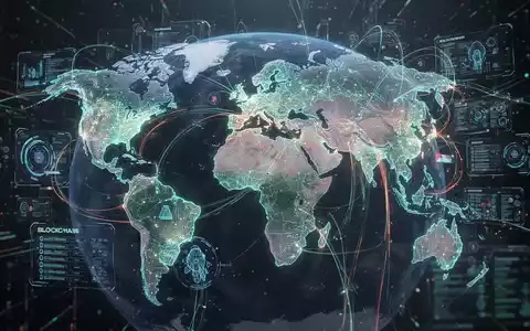 Abstract global network showing digital financial transactions and blockchain connections between continents, symbolizing digital banking expansion. - Foto: über boerse-global.de