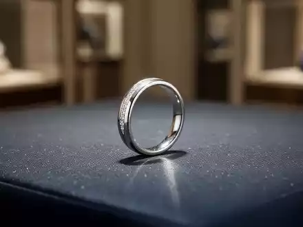 Ein eleganter silberner Ring liegt auf einer dunklen Fläche, mit weichem Licht und einem verschwommenen Hintergrund. - Foto: über boerse-global.de