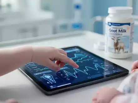 Ein Baby berührt ein Tablet mit einer Gesundheits-App; im Hintergrund ist eine Flasche Ziegenmilch-Säuglingsnahrung zu sehen. - Foto: über boerse-global.de
