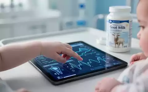 Ein Baby berührt ein Tablet mit einer Gesundheits-App; im Hintergrund ist eine Flasche Ziegenmilch-Säuglingsnahrung zu sehen. - Foto: über boerse-global.de