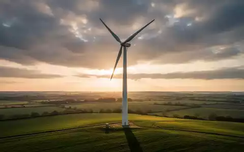 Eine große, moderne Windkraftanlage mit sich drehenden Rotorblättern vor einem dramatischen Himmel bei Sonnenuntergang. - Foto: über boerse-global.de