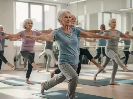 Senioren nehmen an einer sanften funktionellen Gymnastikstunde in einem hellen, modernen Studio teil, konzentriert auf Kernkraft und Mobilität. - Foto: über boerse-global.de