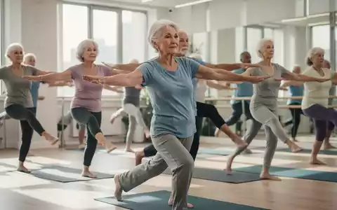 Senioren nehmen an einer sanften funktionellen Gymnastikstunde in einem hellen, modernen Studio teil, konzentriert auf Kernkraft und Mobilität. - Foto: über boerse-global.de