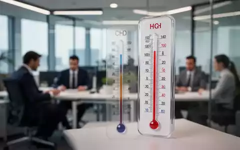 Ein Thermometer in einem modernen Büro zeigt hohe Temperaturen an, mit verschwommenen Büroangestellten im Hintergrund. - Foto: über boerse-global.de