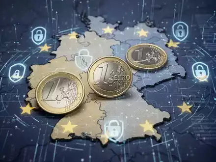 Digital euro coins overlaid on a map of Germany and the EU, symbolizing digital payment solutions and financial innovation. - Foto: über boerse-global.de
