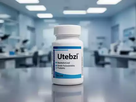 Nahaufnahme einer Medikamentenflasche mit der Aufschrift 'Utebzi' auf einer polierten Oberfläche mit verschwommenem Laborhintergrund. - Foto: über boerse-global.de