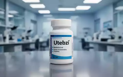 Nahaufnahme einer Medikamentenflasche mit der Aufschrift 'Utebzi' auf einer polierten Oberfläche mit verschwommenem Laborhintergrund. - Foto: über boerse-global.de