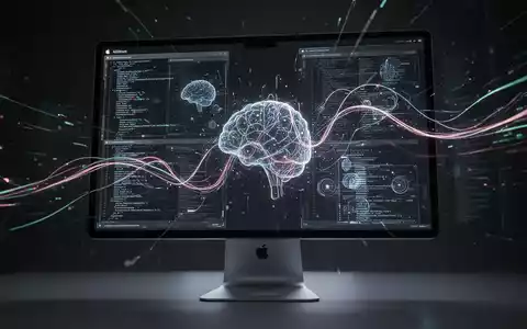 A close-up of a modern Apple computer screen displaying abstract glowing lines and data, representing AI and software. - Foto: über boerse-global.de
