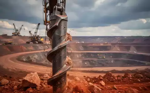 Nahaufnahme eines Bohrmeißels mit Gesteinsstaub vor dem verschwommenen Hintergrund einer großen Kupfermine. - Foto: über boerse-global.de