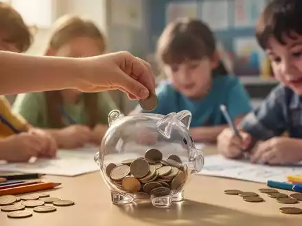 Eine Kinderhand legt eine Münze in ein Sparschwein. Im Hintergrund sind verschwommen weitere Kinder bei Lernaktivitäten zu sehen. - Foto: über boerse-global.de