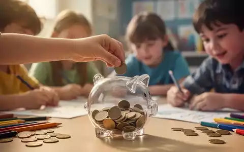 Eine Kinderhand legt eine Münze in ein Sparschwein. Im Hintergrund sind verschwommen weitere Kinder bei Lernaktivitäten zu sehen. - Foto: über boerse-global.de