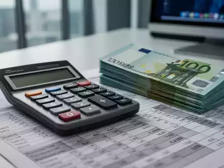 Ein Taschenrechner, Euro-Banknoten und eine Tabelle mit Finanzdaten symbolisieren die Abgrenzung von Personal- und Lohnkosten. - Foto: über boerse-global.de
