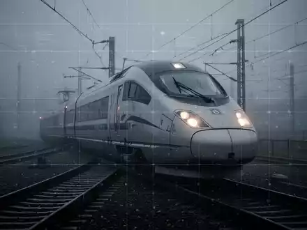 Ein stillstehender Hochgeschwindigkeitszug auf den Gleisen, umgeben von einer stimmungsvollen, filmischen Atmosphäre mit einem digitalen Raster. - Foto: über boerse-global.de