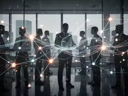 Abstrakte Darstellung von Datenfluss und Netzwerken, mit menschlichen Silhouetten, die Datenschutz und Governance symbolisieren. - Foto: über boerse-global.de