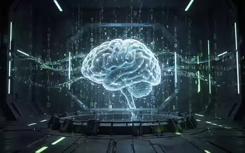 Ein stilisiertes, leuchtendes neuronales Netz oder KI-Gehirn in einer digitalen Festung, umgeben von binärem Code und Cyber-Sicherheitssymbolen. - Foto: über boerse-global.de