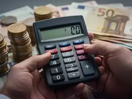 Eine Hand hält einen Taschenrechner, der eine negative Zahl anzeigt, mit verschwommenen Euro-Münzen und -Scheinen im Hintergrund. - Foto: über boerse-global.de