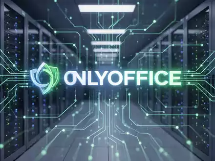 A glowing, stylized ONLYOFFICE logo intertwined with secure data pathways and server racks, symbolizing data security and digital sovereignty. - Foto: über boerse-global.de