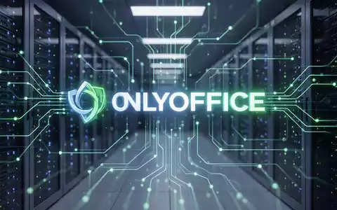 A glowing, stylized ONLYOFFICE logo intertwined with secure data pathways and server racks, symbolizing data security and digital sovereignty. - Foto: über boerse-global.de