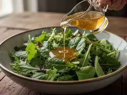 Ein Nahaufnahme-Foto eines frischen, grünen Salats in einer stilvollen Schüssel, der mit einem goldenen Dressing beträufelt wird. - Foto: über boerse-global.de
