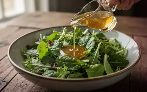 Ein Nahaufnahme-Foto eines frischen, grünen Salats in einer stilvollen Schüssel, der mit einem goldenen Dressing beträufelt wird. - Foto: über boerse-global.de
