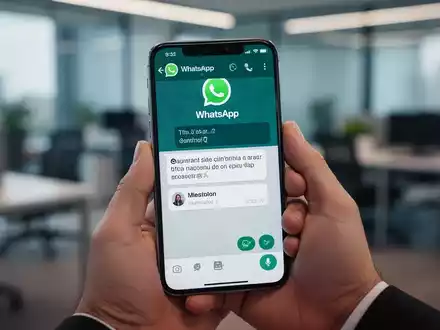 A hand holding a smartphone showing a WhatsApp status with a contact mention. The background is a blurred office. - Foto: über boerse-global.de