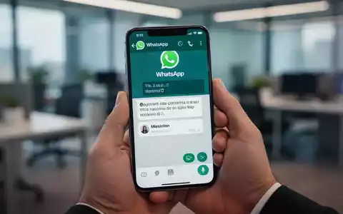A hand holding a smartphone showing a WhatsApp status with a contact mention. The background is a blurred office. - Foto: über boerse-global.de
