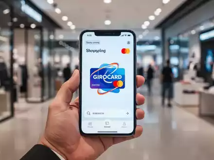 Eine Hand hält ein Smartphone mit einer Shopping-App, die das Girocard-Logo zeigt, in einem modernen Einzelhandelsumfeld. - Foto: über boerse-global.de