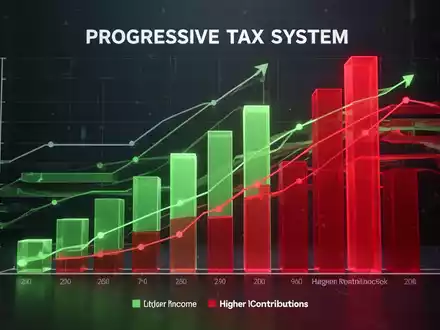 Eine grafische Darstellung eines Steuersystems, das progressive Besteuerung und Umverteilung symbolisiert, mit unterschiedlichen Ebenen und Farben. - Foto: über boerse-global.de