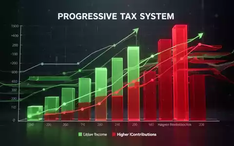 Eine grafische Darstellung eines Steuersystems, das progressive Besteuerung und Umverteilung symbolisiert, mit unterschiedlichen Ebenen und Farben. - Foto: über boerse-global.de