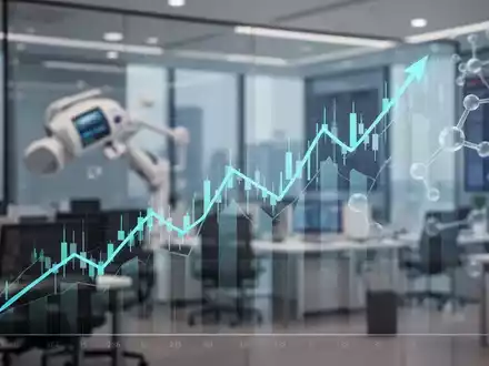 Ein stilisierter, aufwärts gerichteter Börsenchart mit dezenten medizinischen Elementen vor dem Hintergrund eines modernen Finanzbüros. - Foto: über boerse-global.de