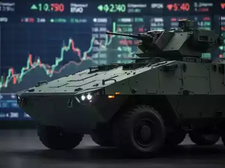 Ein modernes Militärfahrzeug mit einem unscharfen Börsenticker im Hintergrund, der einen Börsengang im Verteidigungssektor symbolisiert. - Foto: über boerse-global.de
