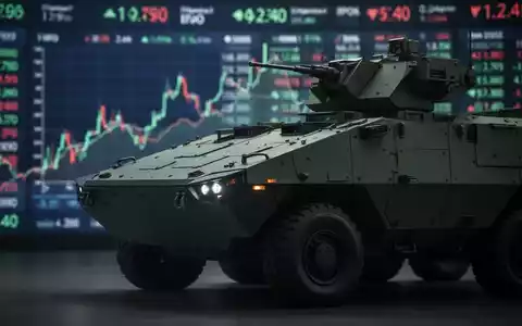 Ein modernes Militärfahrzeug mit einem unscharfen Börsenticker im Hintergrund, der einen Börsengang im Verteidigungssektor symbolisiert. - Foto: über boerse-global.de