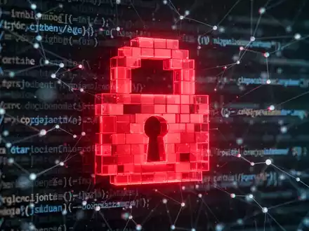 Ein stilisiertes, rot leuchtendes, verpixeltes Schloss-Symbol über verschwommenen Codezeilen, das eine Software-Sicherheitslücke darstellt. - Foto: über boerse-global.de