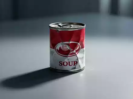 Eine leicht verbeulte, stilisierte rot-weiße Suppendose auf einer minimalistischen Oberfläche, die einen langen Schatten wirft. - Foto: über boerse-global.de