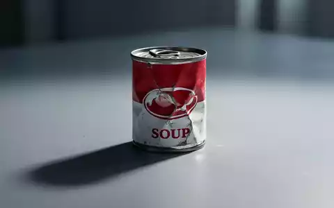 Eine leicht verbeulte, stilisierte rot-weiße Suppendose auf einer minimalistischen Oberfläche, die einen langen Schatten wirft. - Foto: über boerse-global.de
