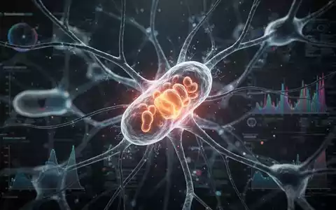 Ein stilisiertes, leuchtendes Mitochondrion im Zentrum eines komplexen neuronalen Netzes oder einer Zellstruktur auf dunklem Hintergrund. - Foto: über boerse-global.de
