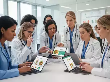 Eine Gruppe von Ernährungsberatern und Diätassistenten arbeitet in einem modernen Büro zusammen, mit Fokus auf digitale Geräte. - Foto: über boerse-global.de