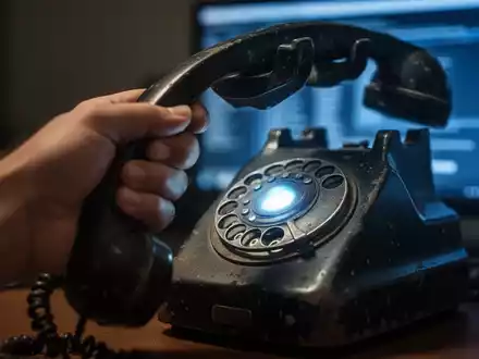 Eine unscharfe Hand hält ein altes Wähltelefon, mit der Reflexion eines Computerbildschirms auf dem Hörer, was Betrug darstellt. - Foto: über boerse-global.de