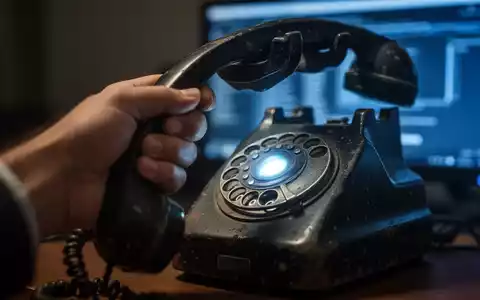Eine unscharfe Hand hält ein altes Wähltelefon, mit der Reflexion eines Computerbildschirms auf dem Hörer, was Betrug darstellt. - Foto: über boerse-global.de