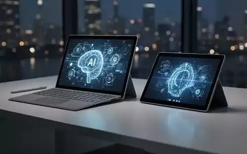 A Microsoft Surface Laptop and Surface Pro tablet on a desk, screens showing AI graphics, symbolizing new hardware and AI features. - Foto: über boerse-global.de