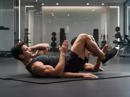 Eine Person führt die 'Dead Bug'-Übung auf einer Matte in einem modernen Fitnessstudio aus, um die Rumpfstabilität zu trainieren. - Foto: über boerse-global.de