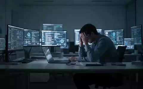 Eine Person sitzt mit dem Kopf in den Händen an einem modernen Schreibtisch mit Laptop, umgeben von Bildschirmlicht in einem Büro. - Foto: über boerse-global.de