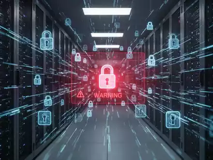 A dimly lit server room with glowing blue data streams and digital lock icons, symbolizing a ransomware attack and data breach. - Foto: über boerse-global.de