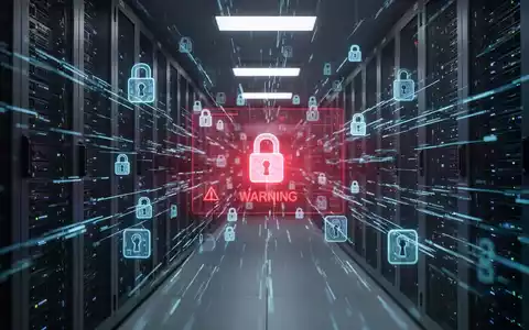 A dimly lit server room with glowing blue data streams and digital lock icons, symbolizing a ransomware attack and data breach. - Foto: über boerse-global.de