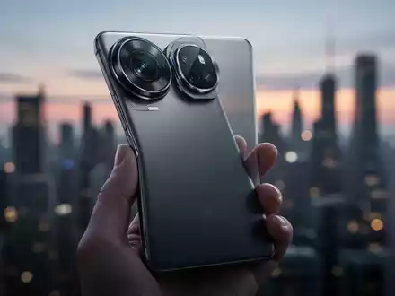 A close-up of a modern smartphone's camera module, highlighting a large telephoto lens, held against a blurred city background at dusk. - Foto: über boerse-global.de